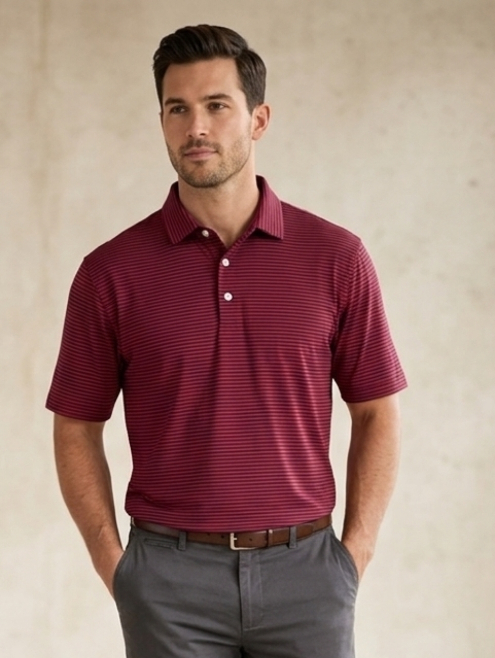 Hart Schaffner Marx Striped Polo Shirt Men's Burgundy and Navy Short Sleeve